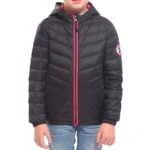 Rokka‎ & Rolla Kids Black Down Puffer Jacket Hooded Packable Pink Zip Sz L 10-12